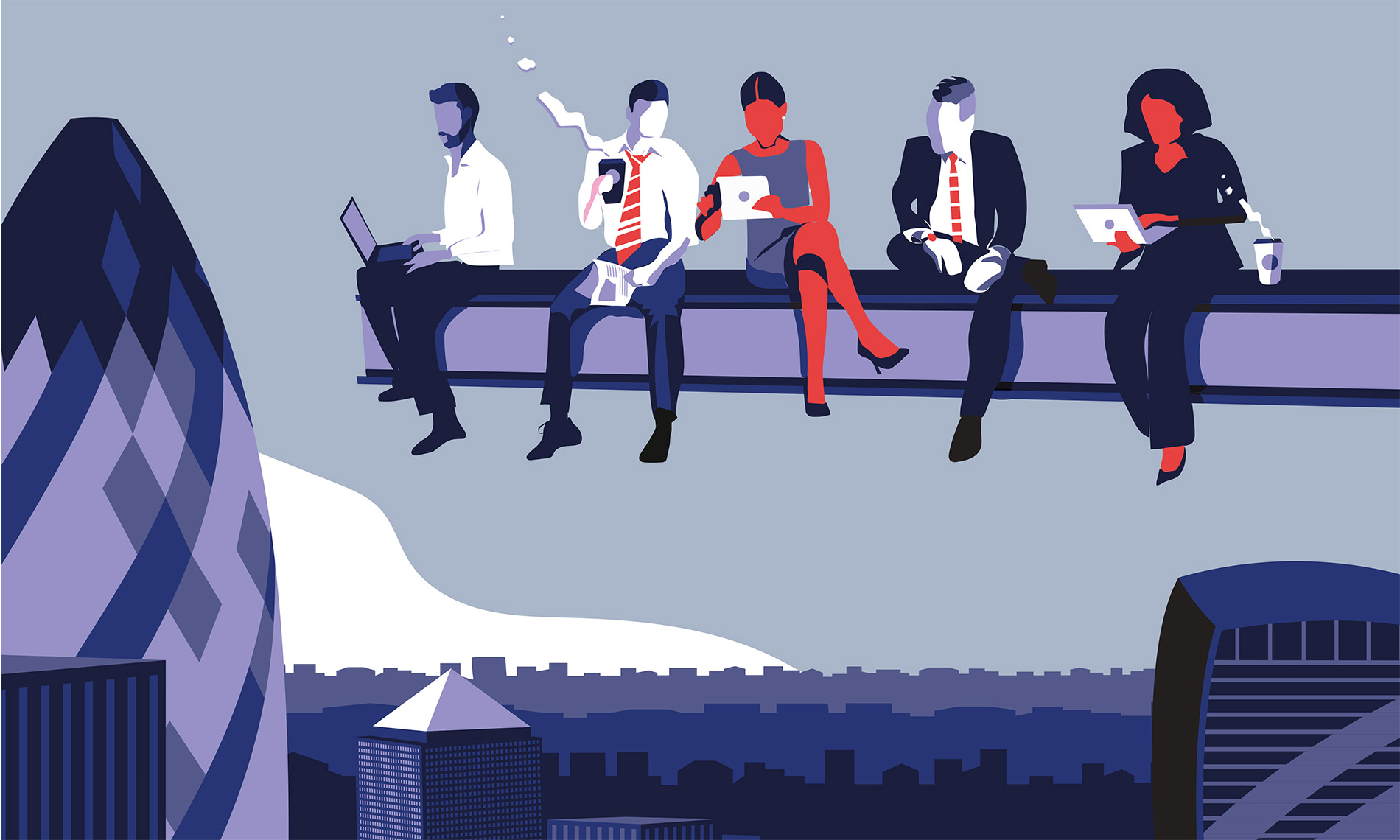 City of London with businesspeople on girder