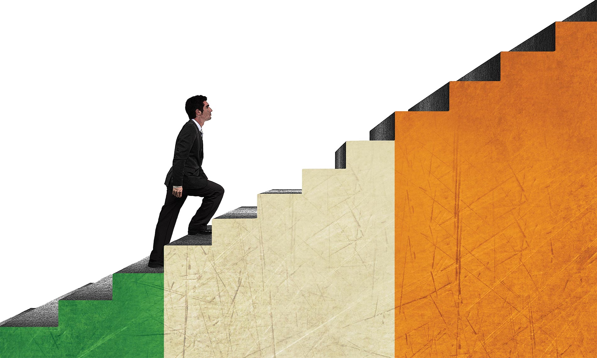 Man walking upstairs with Irish flag printed on